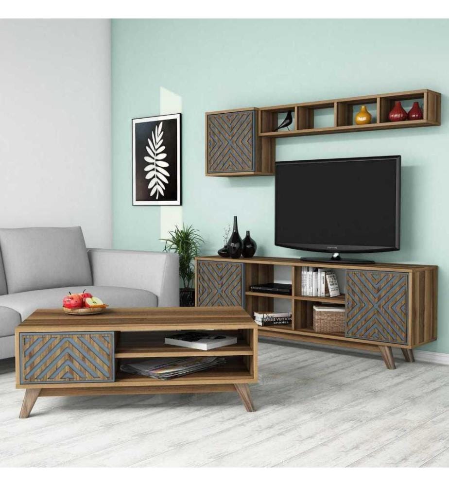 Living Room Furniture Set, Walnut, Blue, Melamine Coated Particle Board