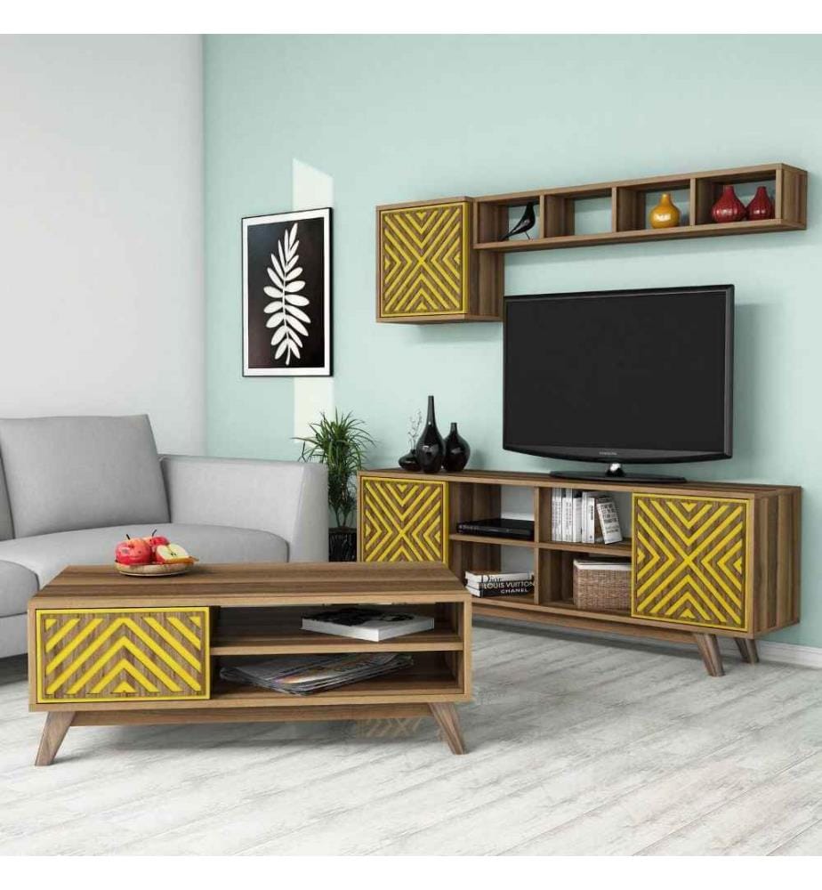 Living Room Furniture Set, Walnut, Yellow, Melamine Coated Particle Board