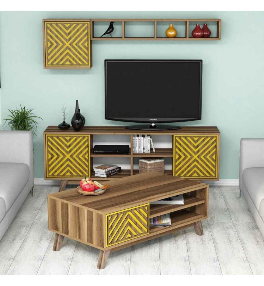 Living Room Furniture Set, Walnut, Yellow, Melamine Coated Particle Board