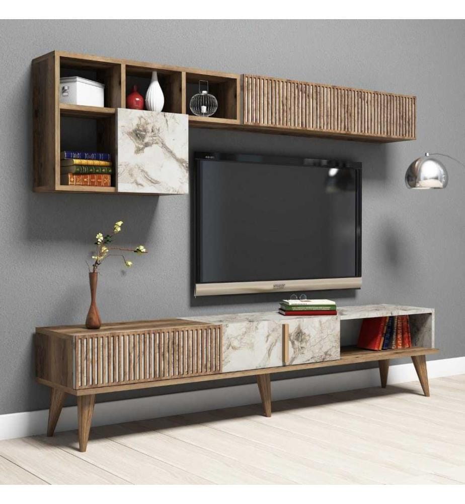 Wohnzimmer-Möbel-Set, Nussbaum, Weiss, Melaminharzbeschichtete Spanplatte