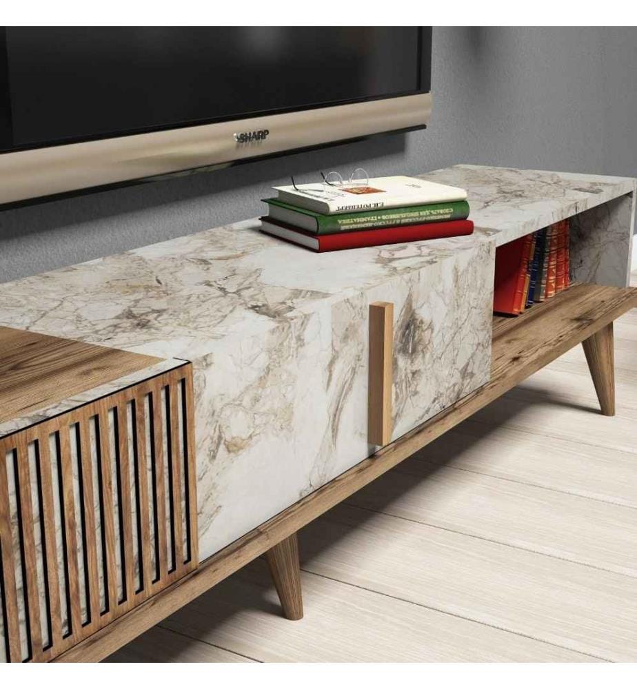 Wohnzimmer-Möbel-Set, Nussbaum, Weiss, Melaminharzbeschichtete Spanplatte