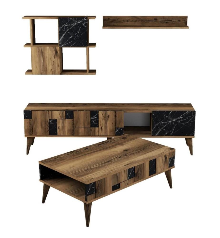 Wohnzimmer-Möbelset, Nussbaum, Schwarz, Melaminbeschichtete Spanplatte