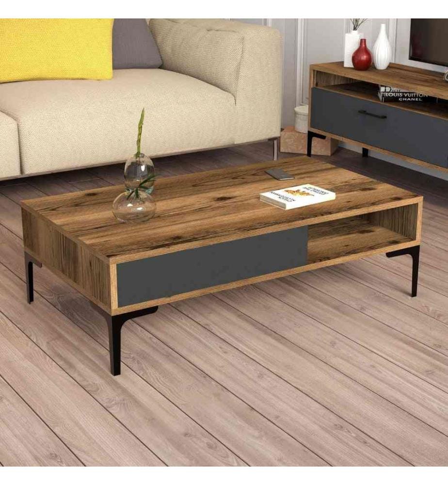 Wohnzimmer-Möbelset, Nussbaum, Anthrazit, Melaminharzbeschichtete Spanplatte