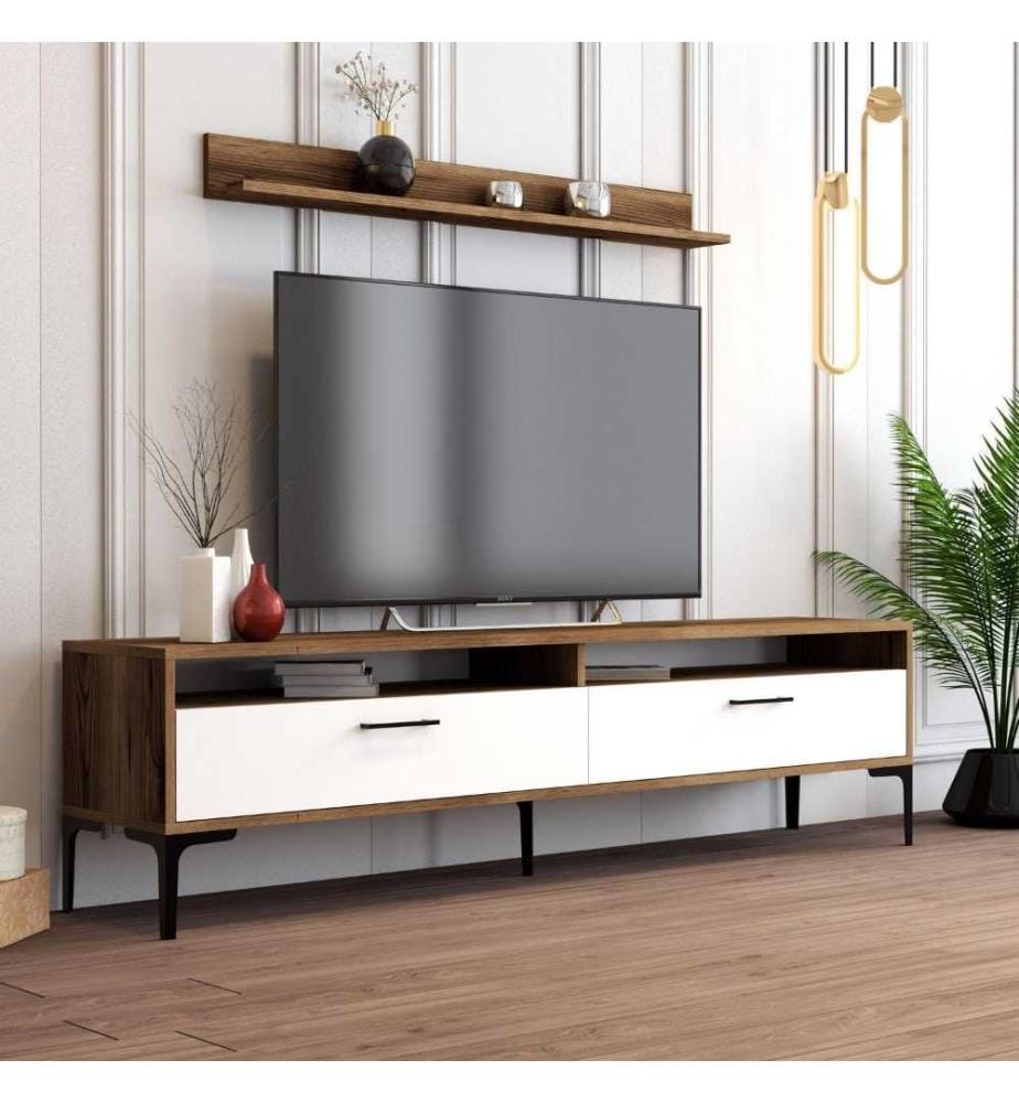 Wohnzimmer-Möbel-Set, Nussbaum, Weiss, Melaminharzbeschichtete Spanplatte