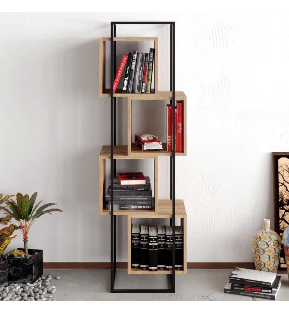 Bibliothèque, noyer, noir, panneau de particules mélaminé, cadre métallique