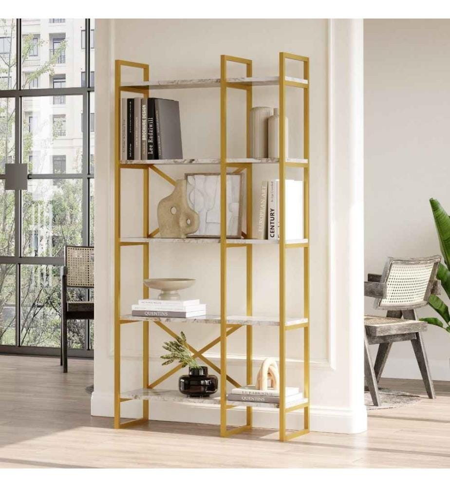Bücherregal, Weisser Marmor, Gold, Melaminbeschichtete Spanplatte