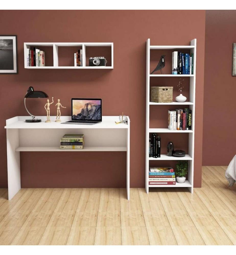 Scrivania e scaffale per studio, bianco, pannello in particelle rivestito in melamina