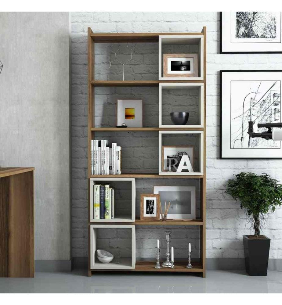 Bibliothèque, noyer, crème, panneau de particules mélaminé