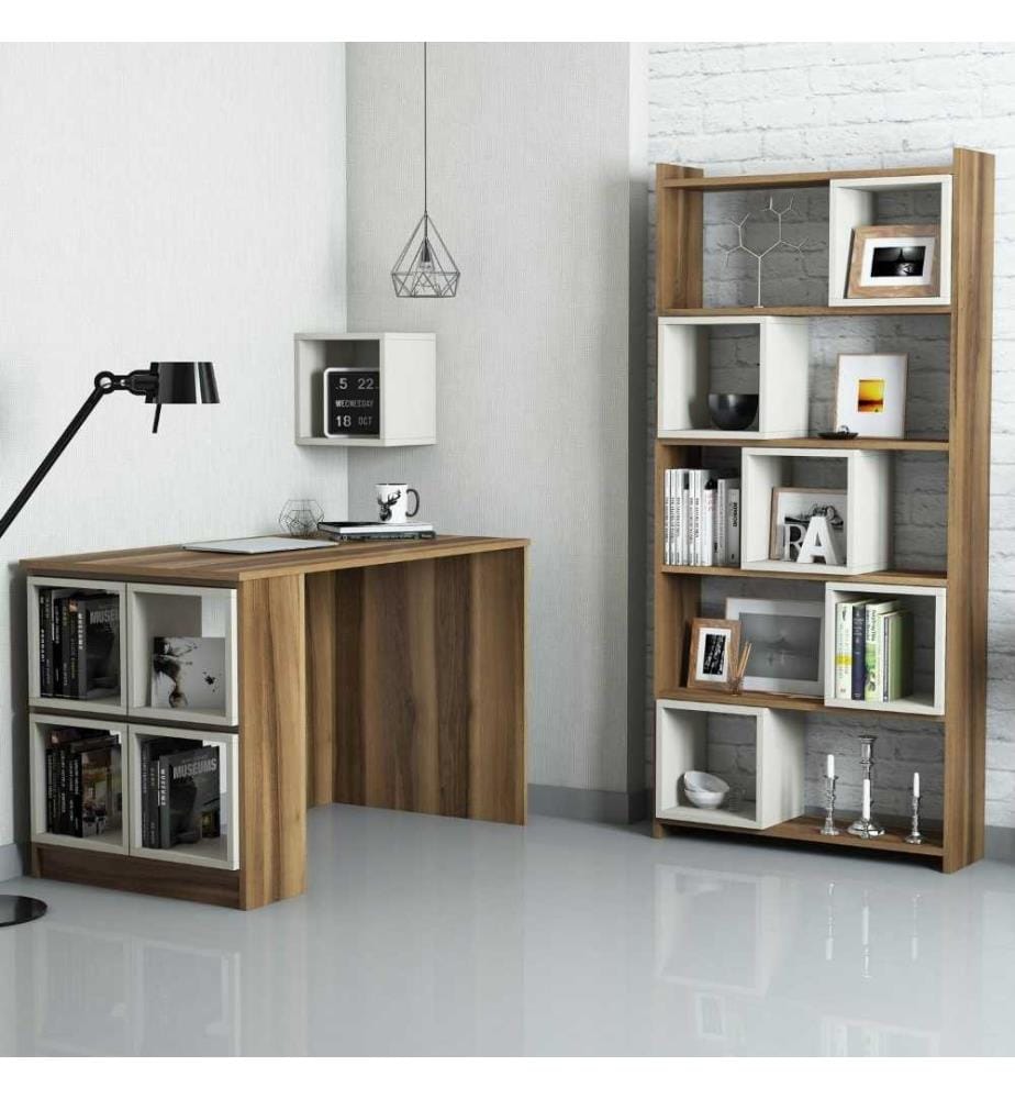 Arbeitstisch & Bücherregal, Nussbaum, Creme, melaminbeschichtete Spanplatte