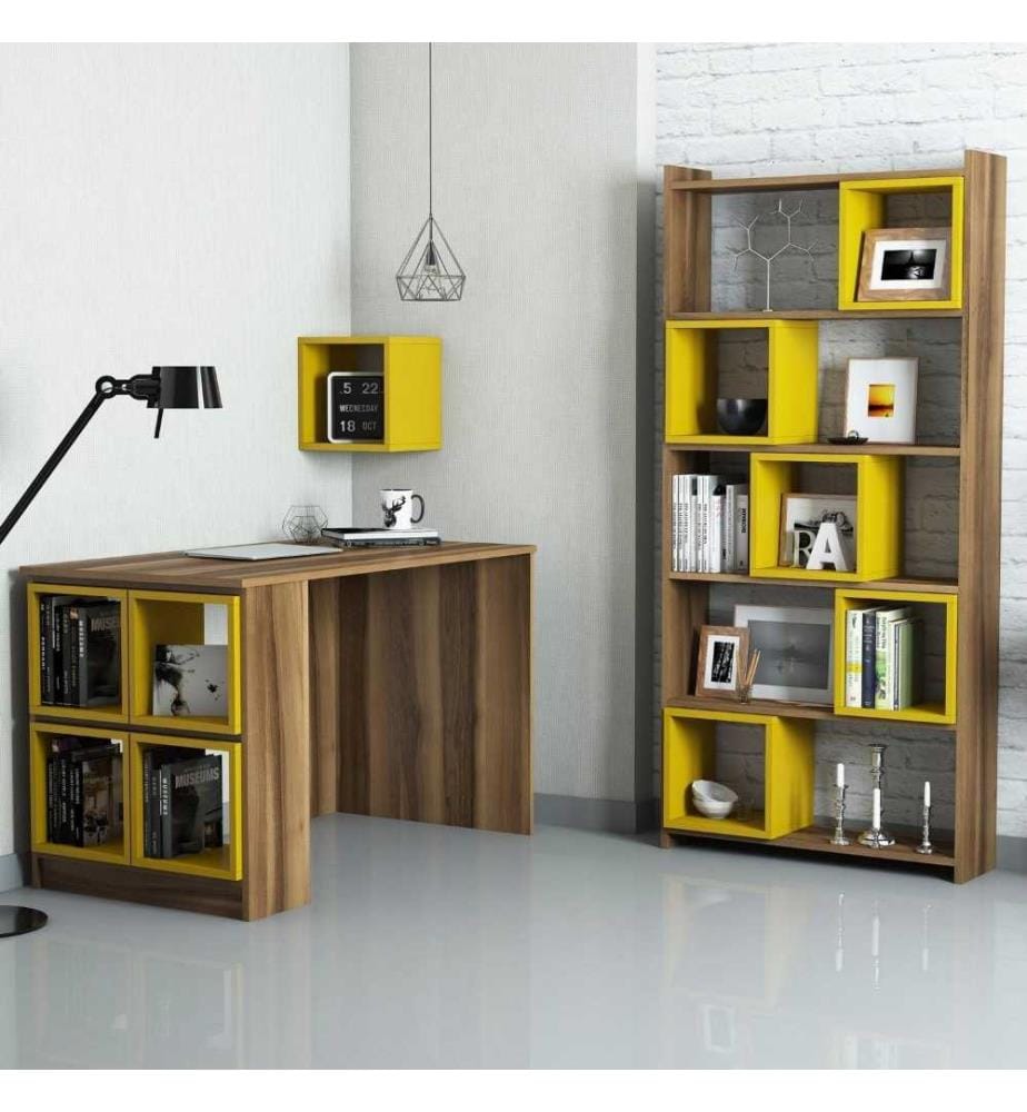 Arbeitstisch & Bücherregal, Nussbaum, Gelb, Melaminbeschichtete Spanplatte