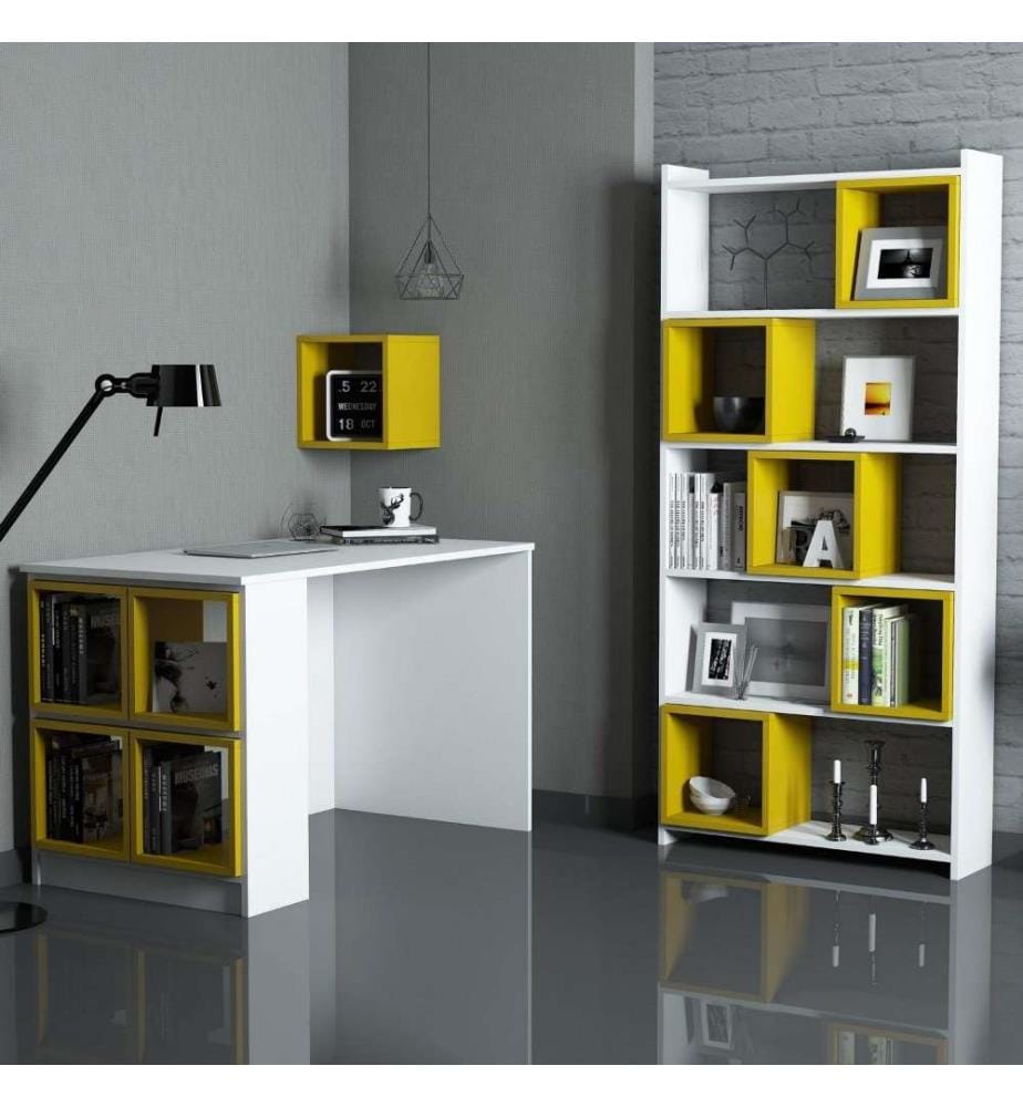 Bureau d'étude et étagère, blanc, jaune, panneau de particules mélaminé