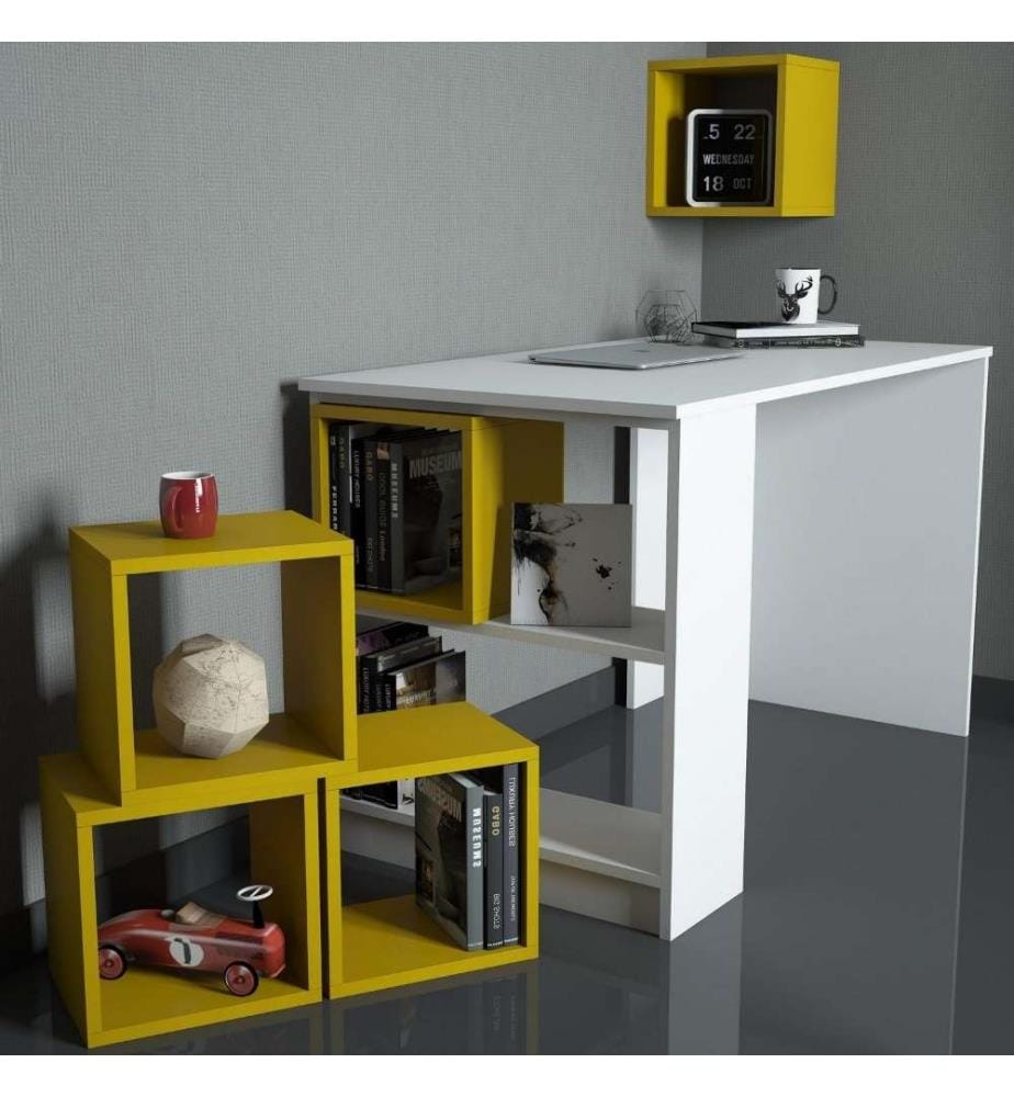 Bureau d'étude et étagère, blanc, jaune, panneau de particules mélaminé