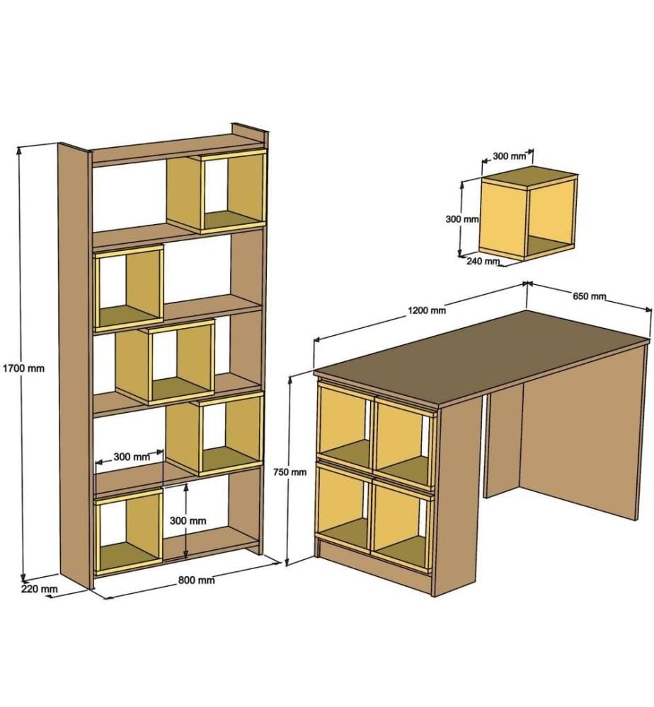 Bureau d'étude et étagère, blanc, jaune, panneau de particules mélaminé