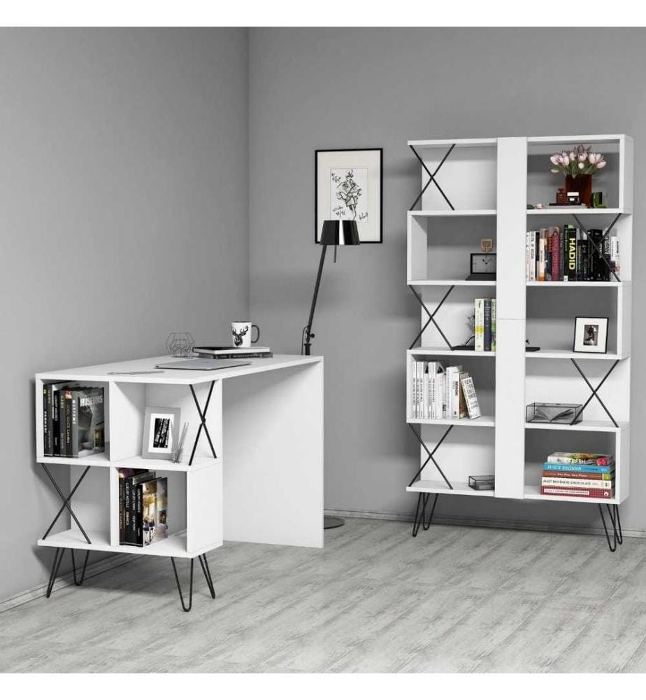 Bureau d'étude et étagère, blanc, noir, panneau de particules mélaminé