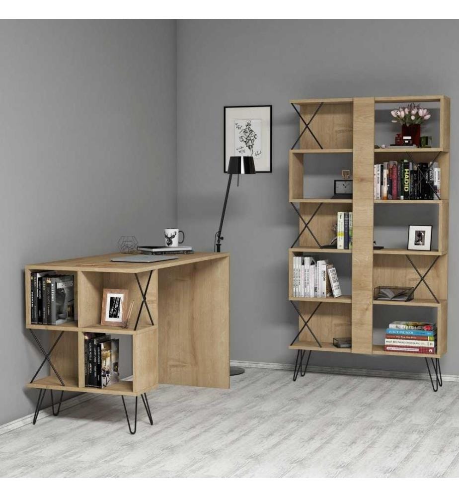 Arbeitstisch & Bücherregal, Eiche, Schwarz, Melaminbeschichtete Spanplatte