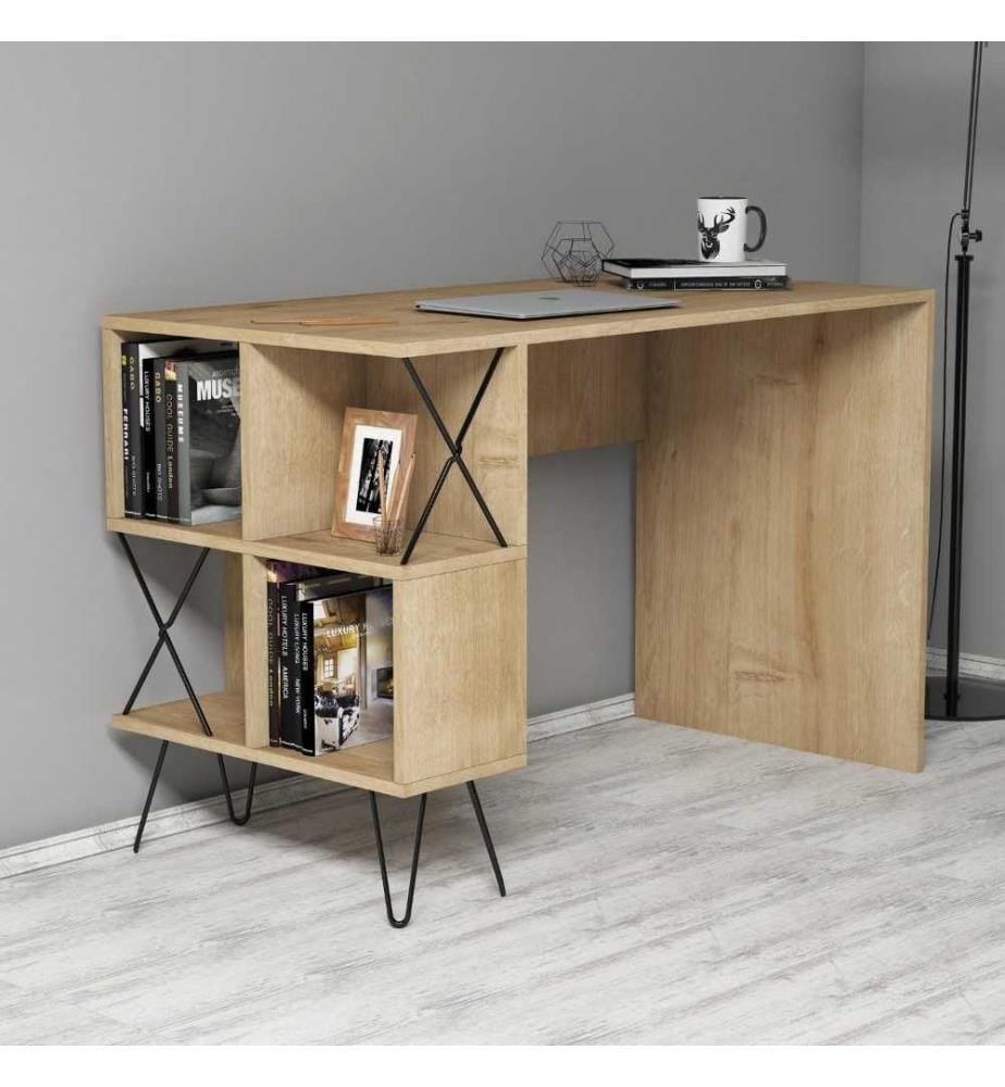 Arbeitstisch & Bücherregal, Eiche, Schwarz, Melaminbeschichtete Spanplatte