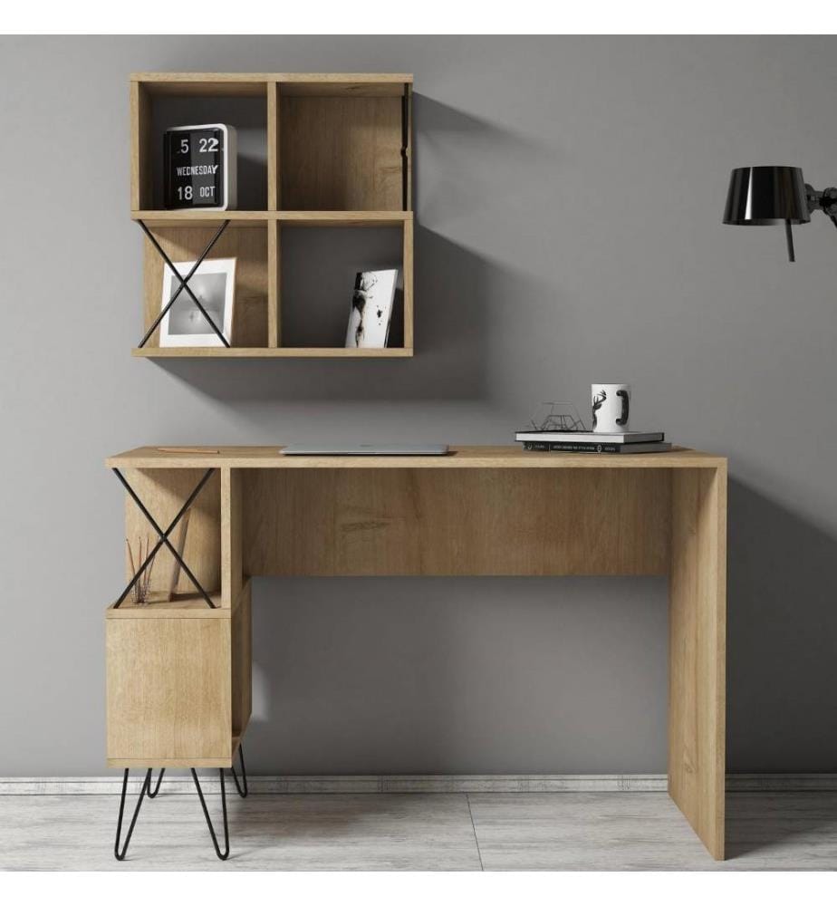 Arbeitstisch & Bücherregal, Eiche, Schwarz, Melaminbeschichtete Spanplatte