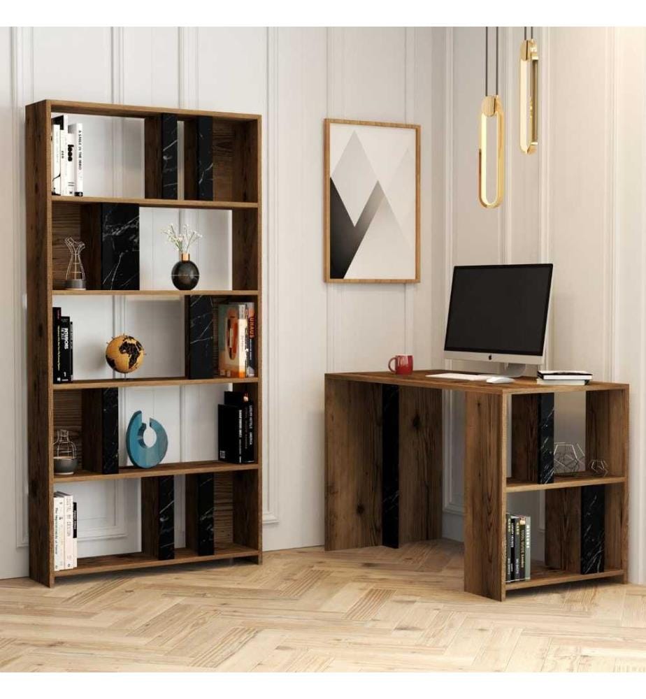 Arbeitstisch & Bücherregal, Nussbaum, Schwarz, Melaminbeschichtete Spanplatte