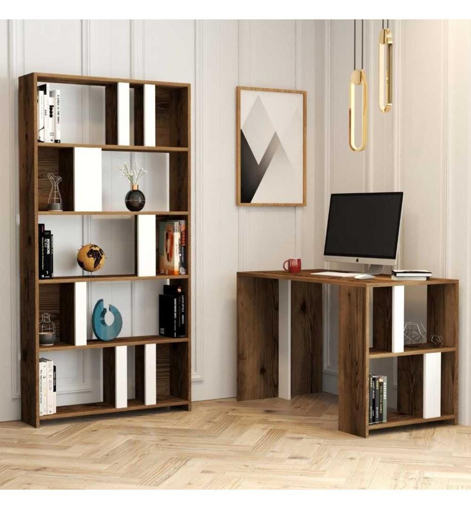Bureau d'étude et étagère, noyer, blanc, panneau de particules mélaminé
