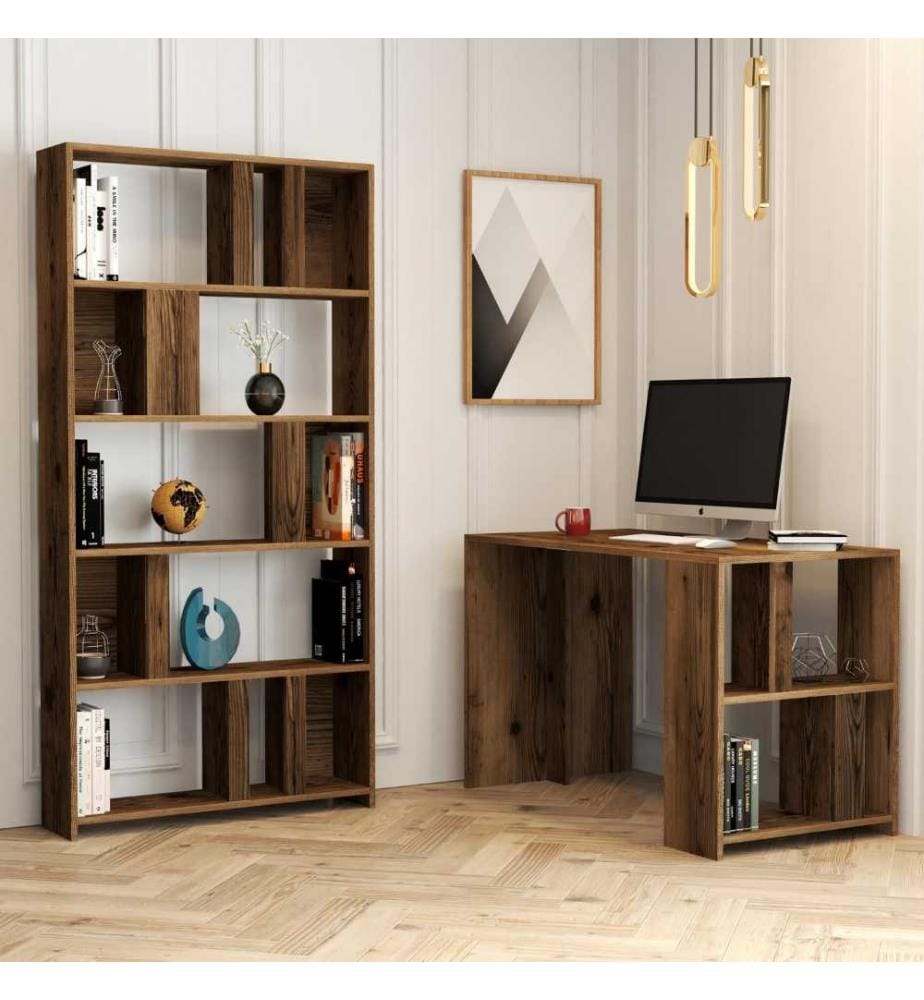 Arbeitstisch & Bücherregal, Nussbaum, melaminharzbeschichtete Spanplatte