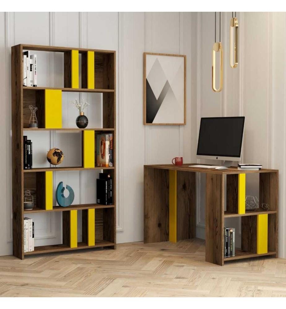 Arbeitstisch & Bücherregal, Nussbaum, Gelb, Melaminbeschichtete Spanplatte