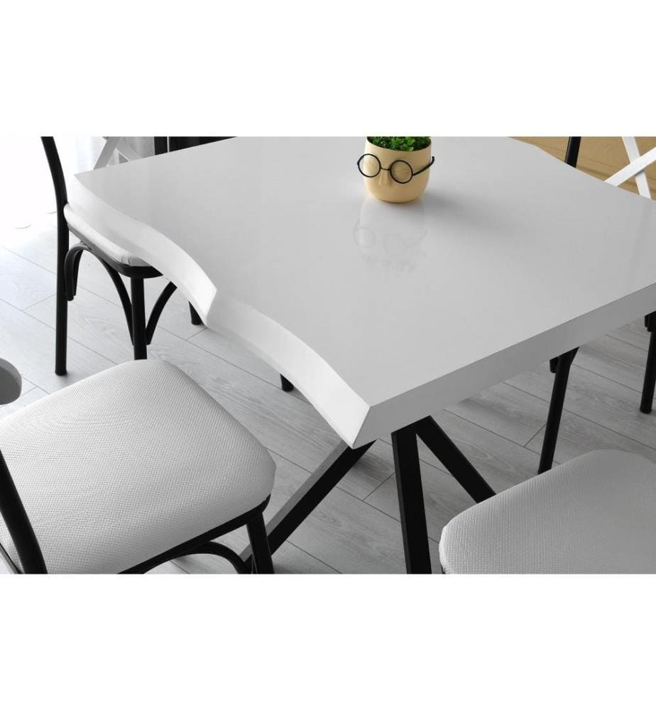 Table de salle à manger, blanc, panneau de particules mélaminé, pieds en métal