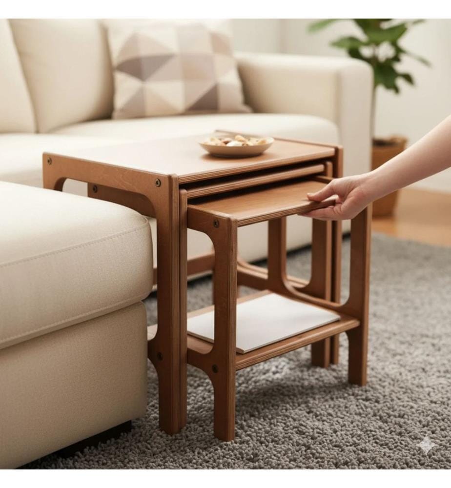 Satztisch, 3-teilig, 100 % Hornbuchen-Sperrholz, Teak