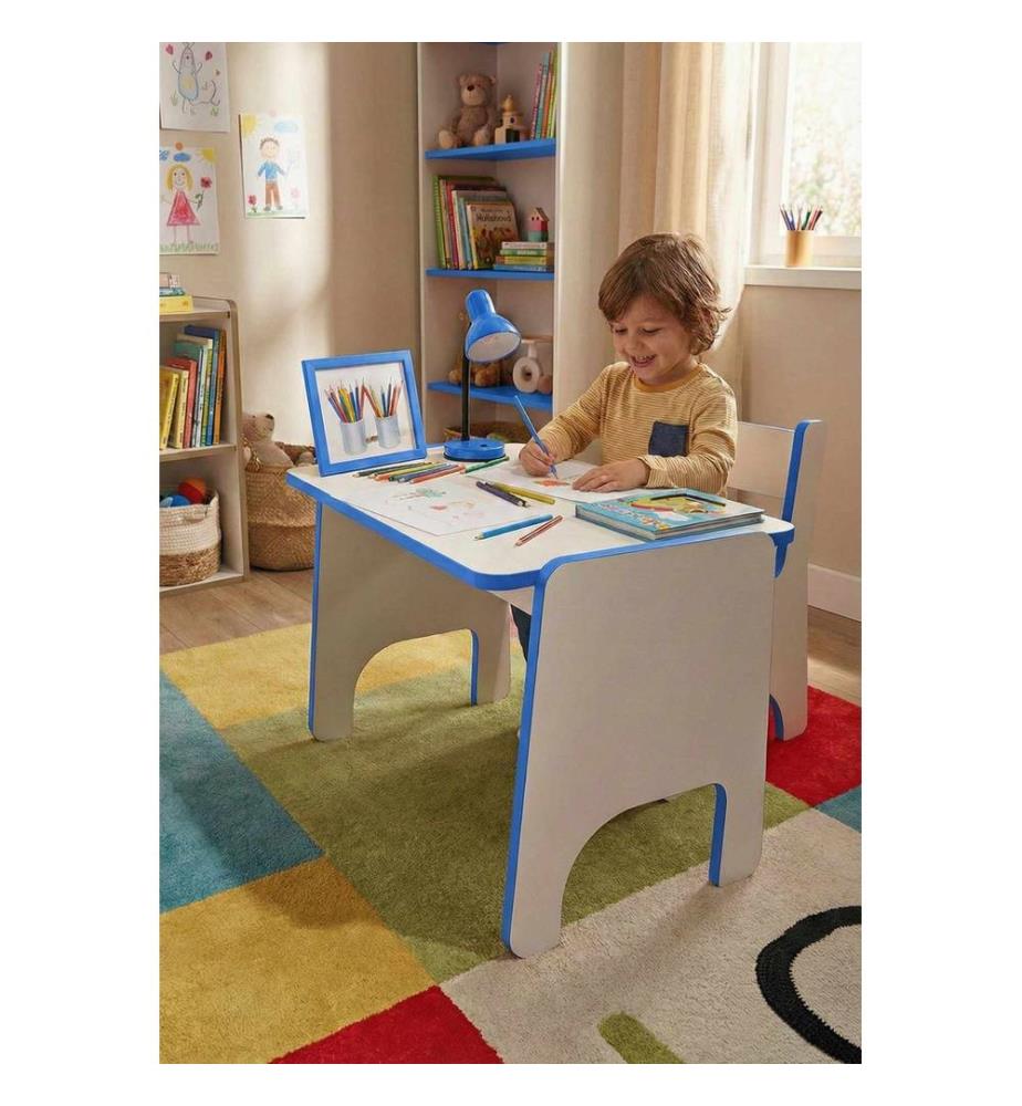 Kindertischset, 100 % melaminbeschichtete Spanplatte, Blau, Weiss
