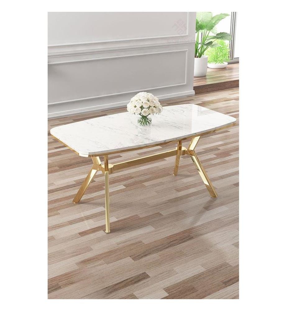 Table de salle à manger, 100 % MDF, marbre blanc, or