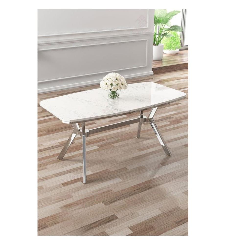 Table de salle à manger, 100 % MDF, marbre blanc, chrome