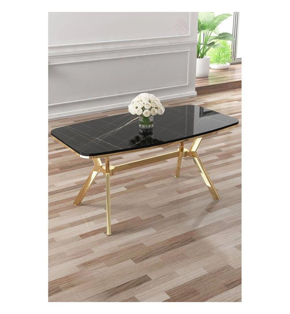 Table de salle à manger, 100 % MDF, marbre noir, or