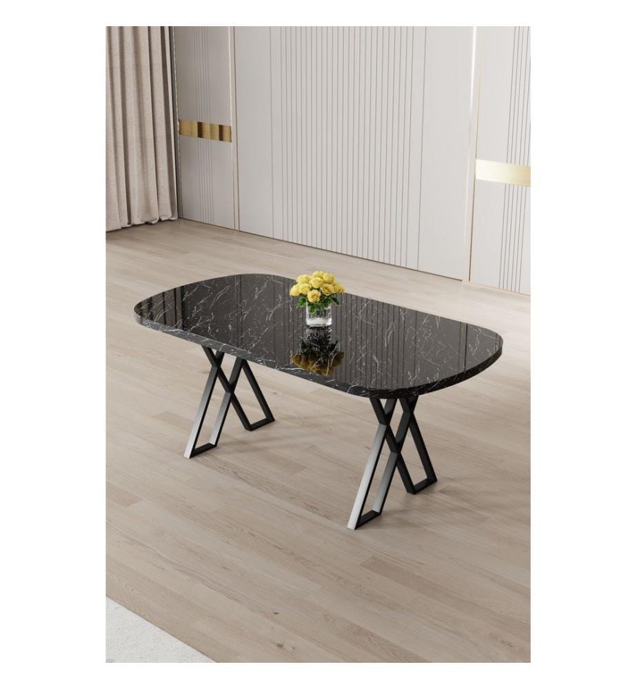 Table de salle à manger, 100 % MDF, marbre noir, noir