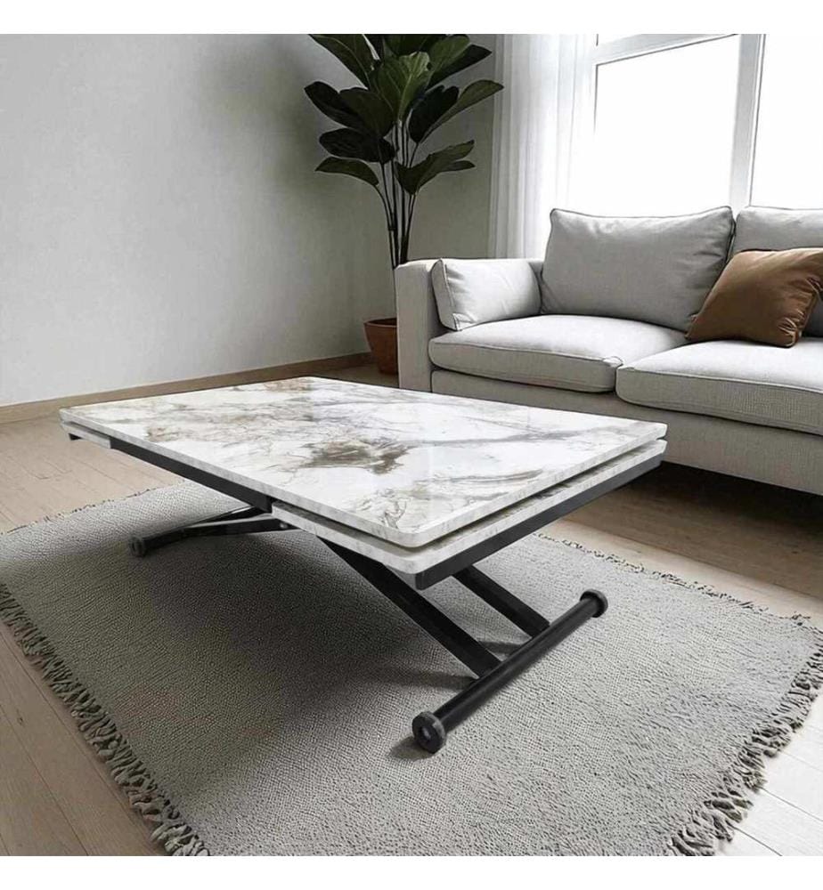 Table de salle à manger extensible, 100 % MDF, marbre blanc, noir