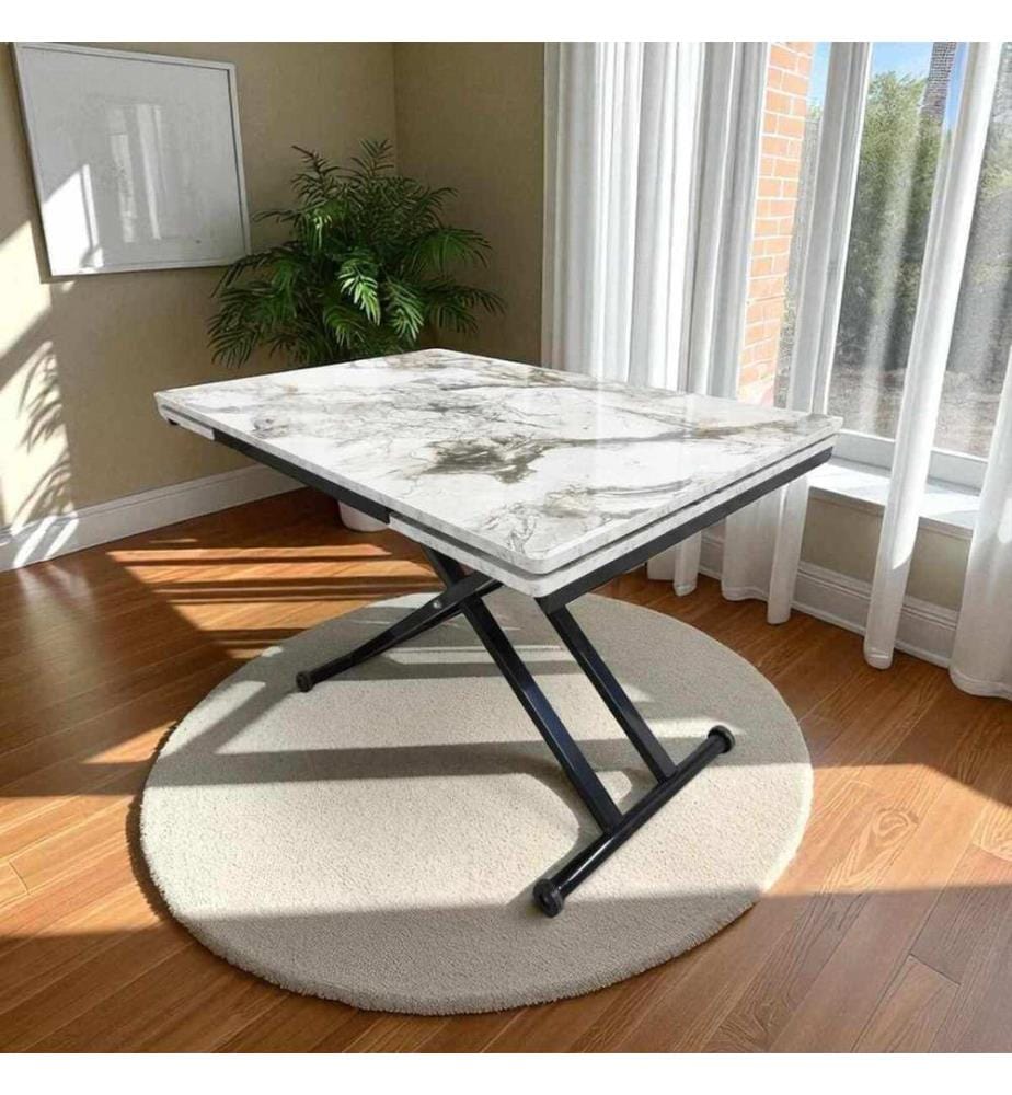 Table de salle à manger extensible, 100 % MDF, marbre blanc, noir