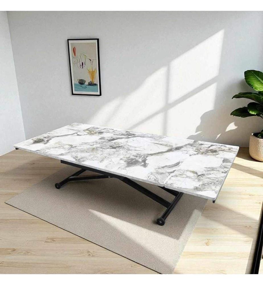 Table de salle à manger extensible, 100 % MDF, marbre blanc, noir