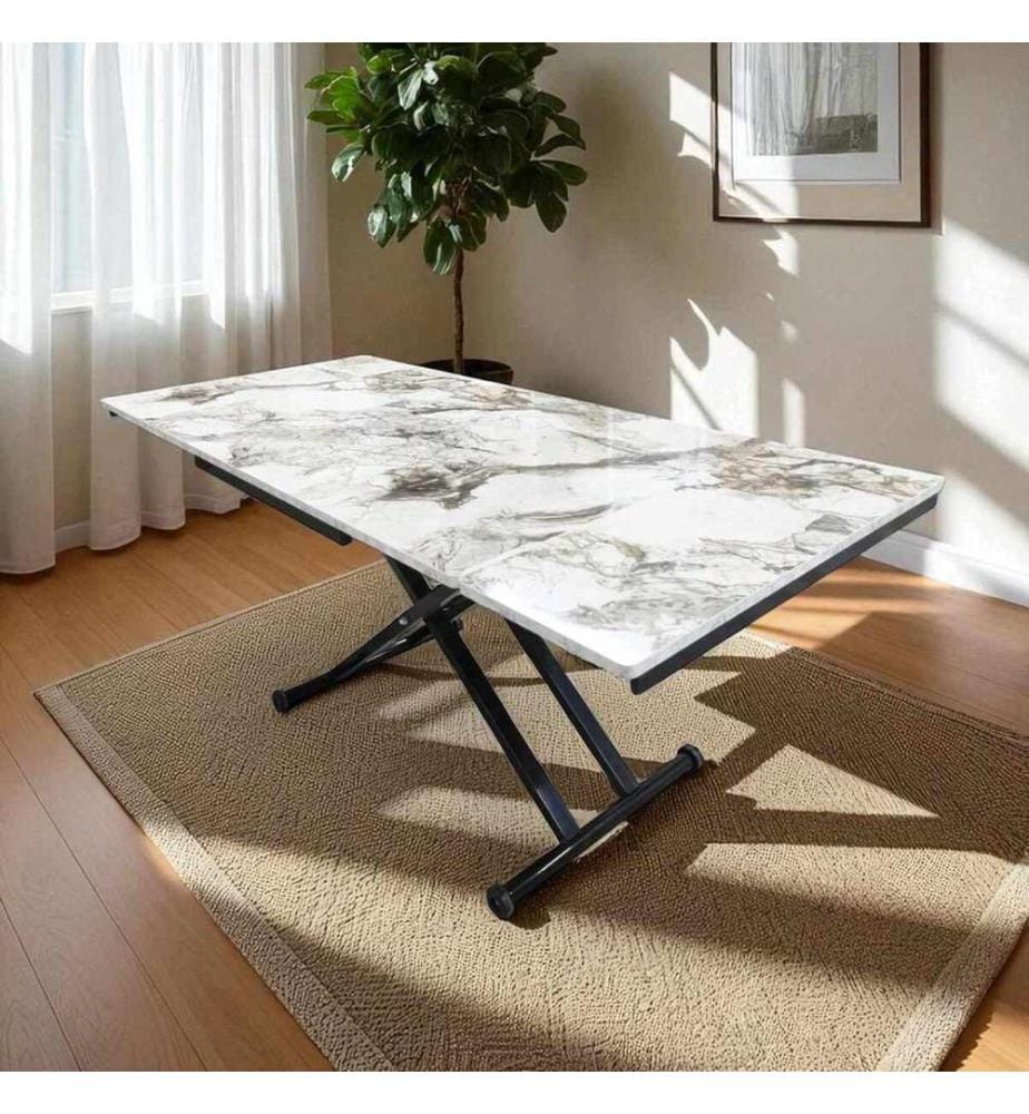 Table de salle à manger extensible, 100 % MDF, marbre blanc, noir
