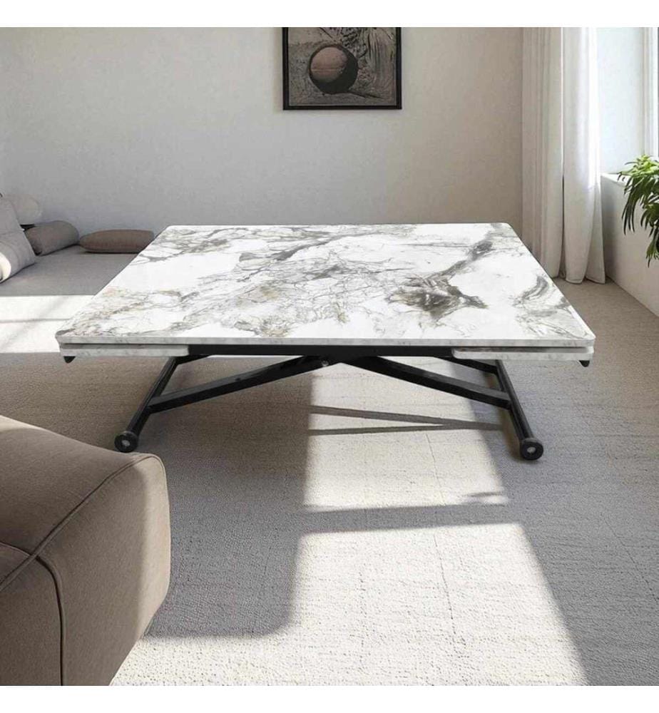 Table de salle à manger extensible, 100 % MDF, marbre blanc, noir