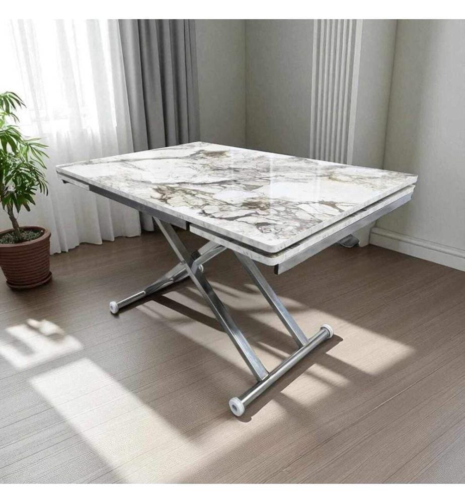 Table de salle à manger extensible, 100 % MDF, marbre blanc, chrome
