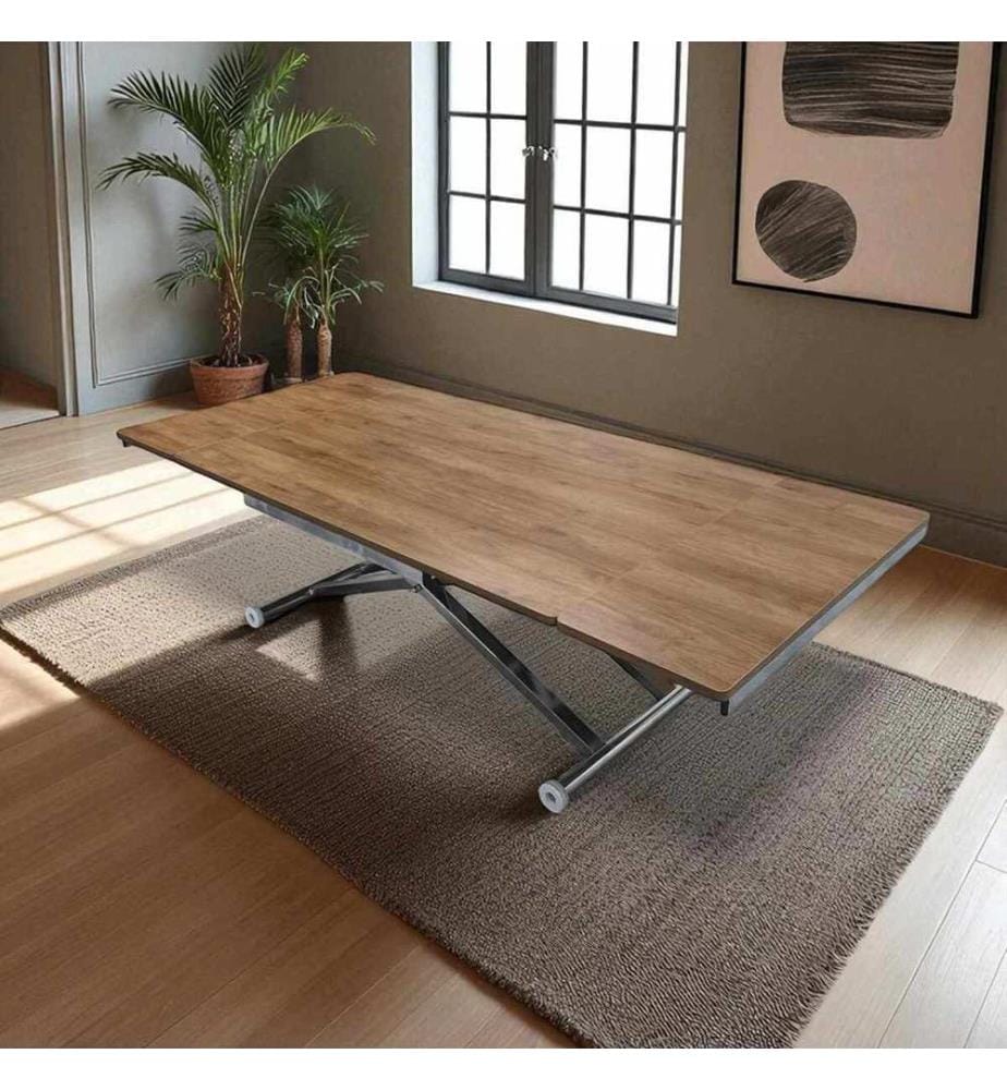Table de salle à manger extensible, 100 % MDF, noyer, chromée