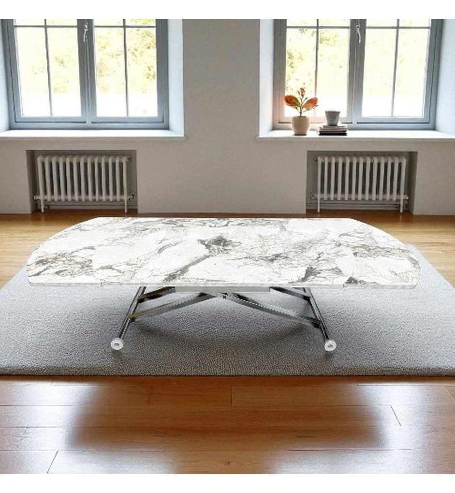 Table de salle à manger extensible, 100 % MDF, marbre blanc, chrome