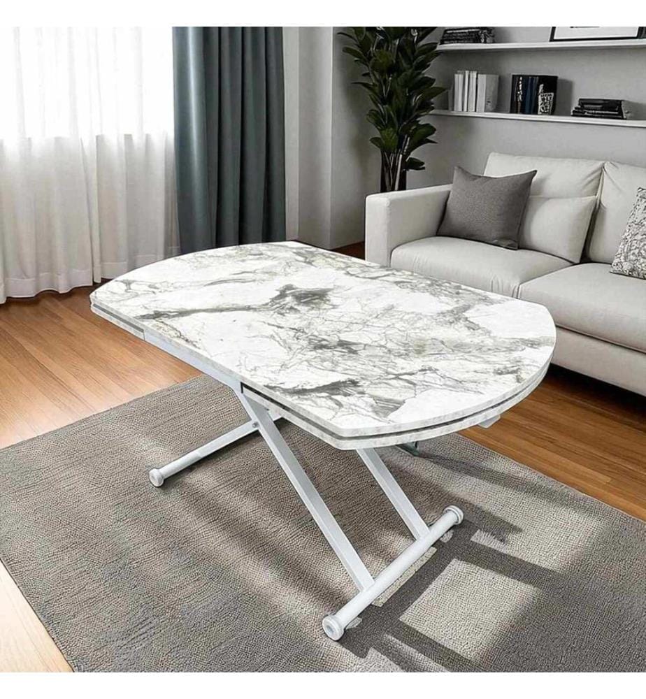 Table de salle à manger extensible, 100 % MDF, marbre blanc, blanc