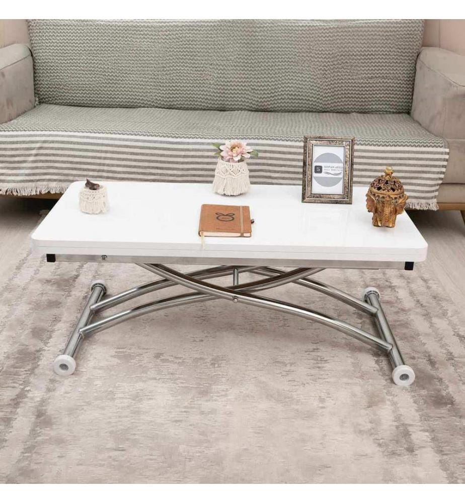 Table basse, 100 % MDF, blanche, chromée