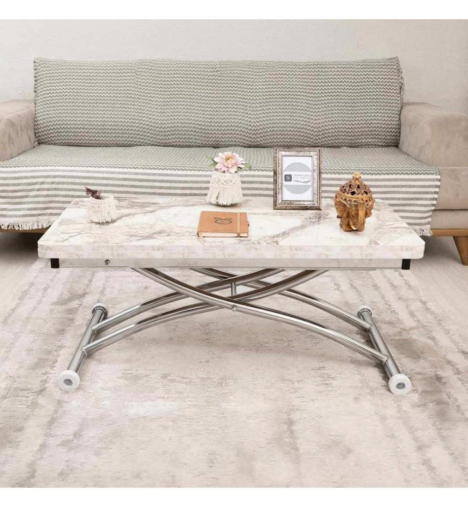 Table basse, 100 % MDF, marbre blanc, chrome