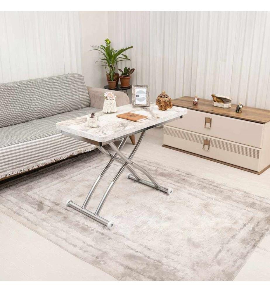 Table basse, 100 % MDF, marbre blanc, chrome