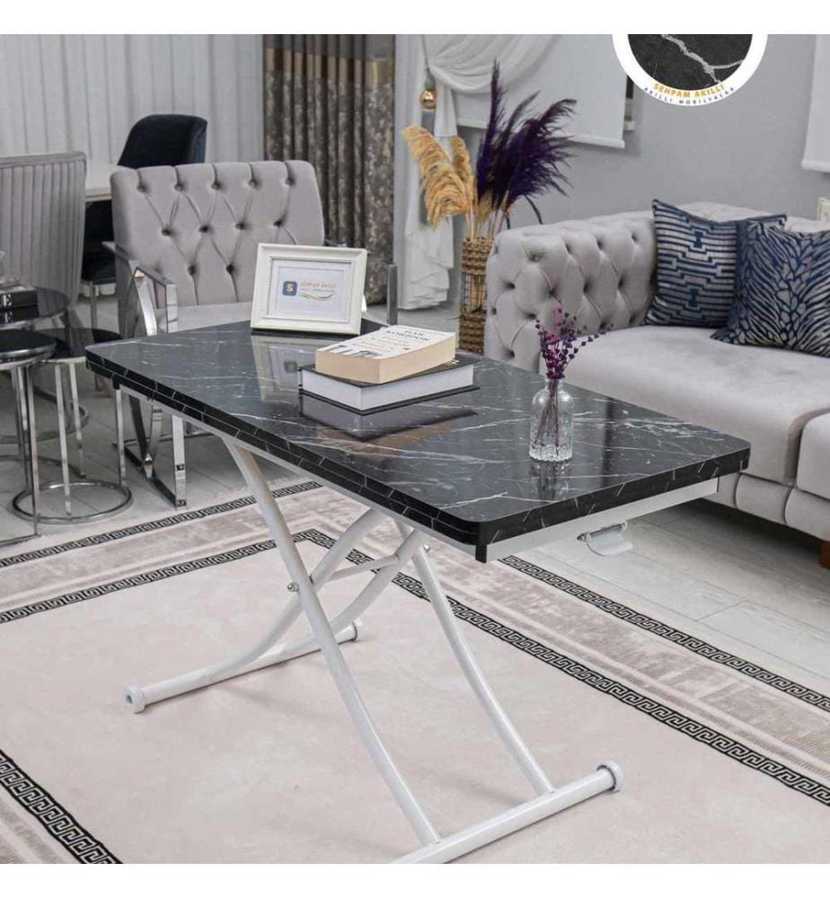 Table basse, 100 % MDF, marbre noir, blanc