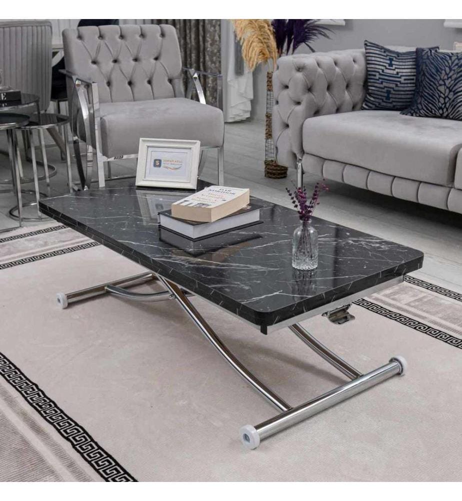 Table basse, 100 % MDF, marbre noir, chrome