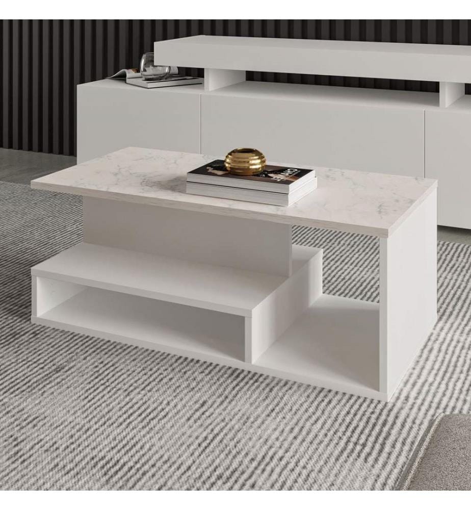Table basse, panneau de particules 100 % mélaminé, blanc, marbre