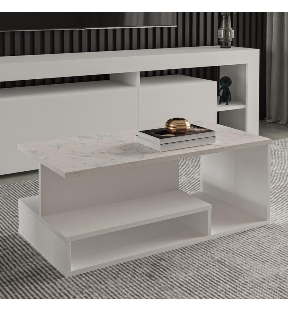 Table basse, panneau de particules 100 % mélaminé, blanc, marbre