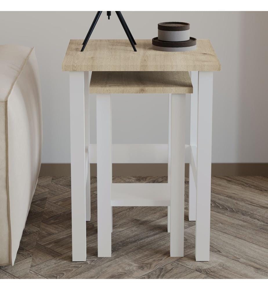 Beistelltisch-Set, 100 % melaminbeschichtete Spanplatte, Weiss, Saphir-Eiche
