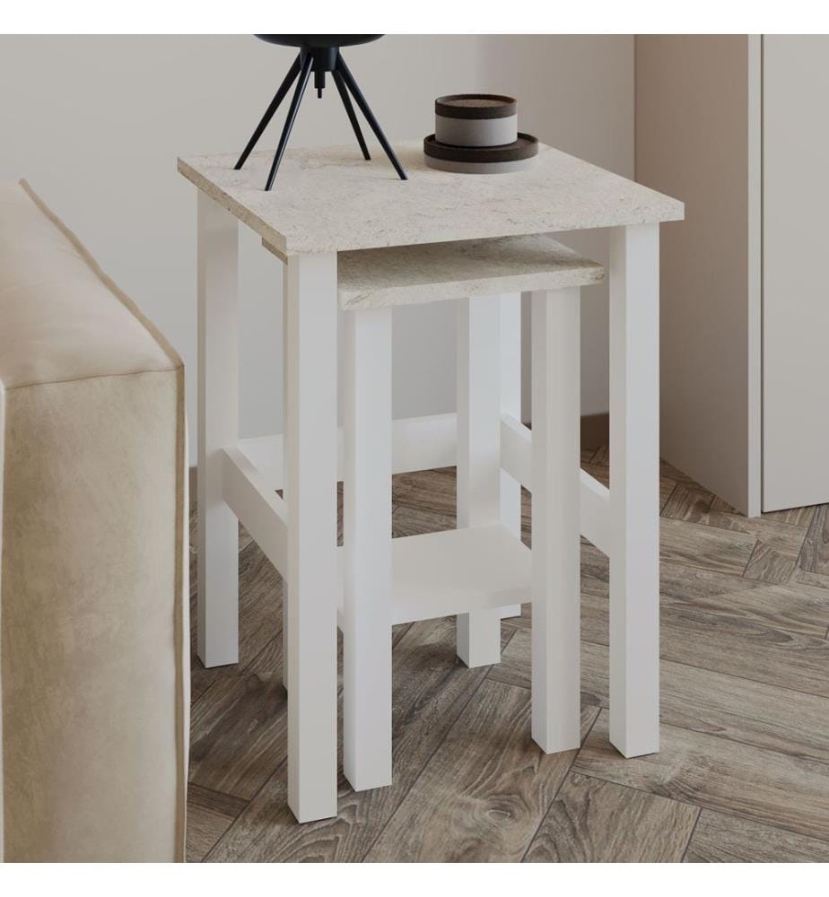 Ensemble de tables d'appoint, panneaux de particules 100 % mélaminés, blanc, travertin